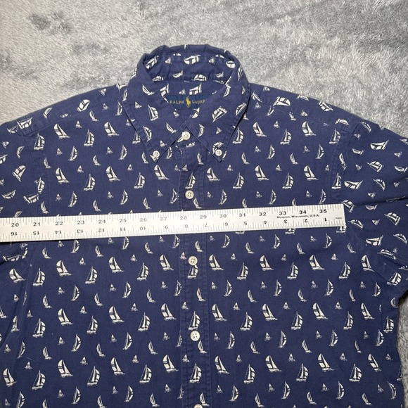 Ralph Lauren Men's SZ S Blue & White Sail Boat Short Sleeve Button Down Shirt - Picture 4 of 15